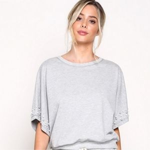 Gray Terry Short Sleeve Pearl Embellished Top